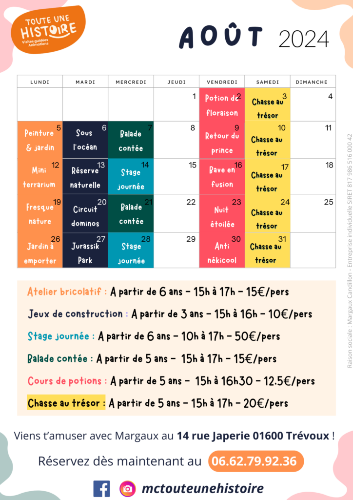 Planning de animations d'août 2024 avec Toute une Histoire