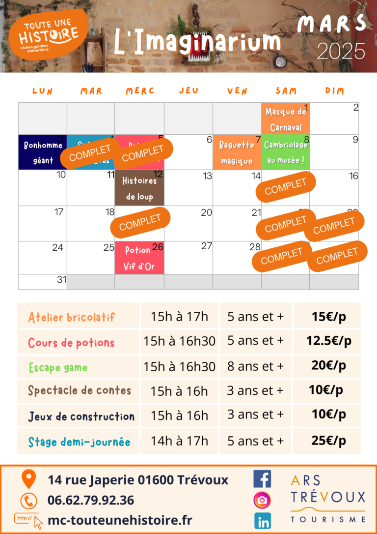 Planning Mars 2025 - L'Imaginarium de Toute une Histoire à Trévoux