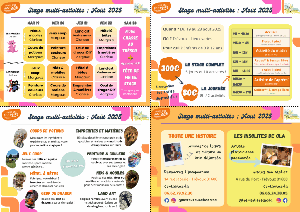 Stage multi-activité pour enfants cet été à Trévoux avec Toute une Histoire & les Insolites de Cla
